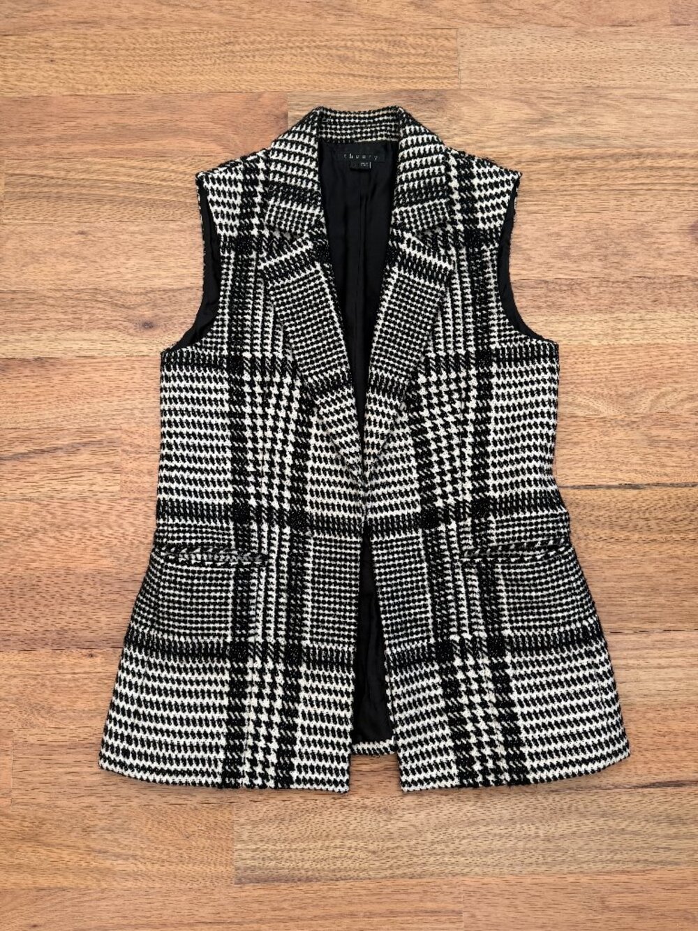 Theory Eldora Glen Plaid Wool Blend Vest - Black and White - Size 10